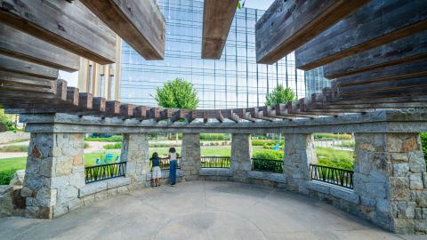 An image showing a huge hospital project with glassy towers and green gardens with water features and whimsical architecture.