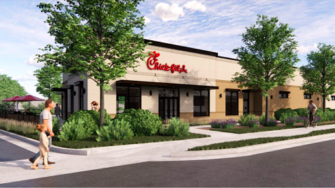 An image showing where a brown and brick standalone Chick-fil-A store would be built in the middle of Atlanta. 