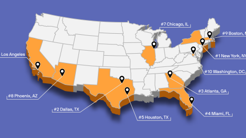 An image showing the U.S. cities with the most amount of construction currently ongoing. 