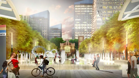 A rendering showing a large plaza with many new buildings around it under blue skies. 