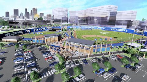 A rendering showing a new college baseball and softball complex with Atlanta's skyline and a large interstate nearby.