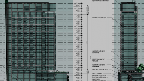 An image showing a new glassy high-rise over Peachtree Street in Atlanta with retail space at the base. 