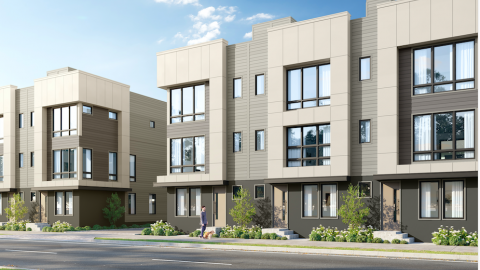 A rendering of a white and gray townhome development under blue skies. 