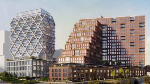 An image of a tower with diamond shapes and another brick tower beside it in Atlanta.