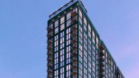 A rendering showing a large green and glass high-rise in Atlanta under blue skies with swanky interiors and white-walled apartments.