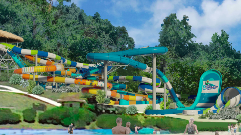 A rendering of a giant waterslide beside a lake under blue skies. 