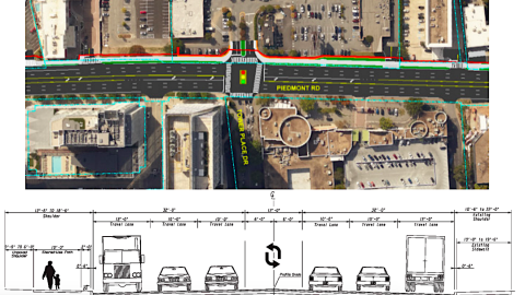 An image show a busy road in Atlanta surrounded by tall buildings where bike lanes are planned.