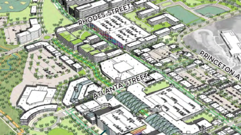 A rendering of a huge development site next to a giant airport with many buildings around.