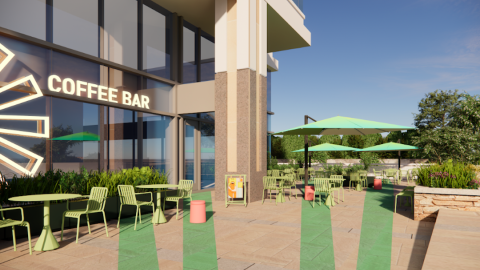 A rendering showing a planned upgrade at some offices under blue skies with new artwork.