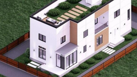 An image fo a white modern boxy building with a green rooftop space and some wood on the side.