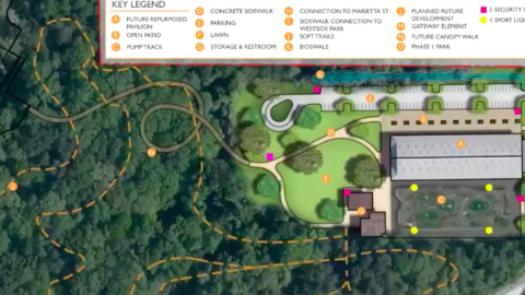 A rendering of a mountain bike park with ramps built into a wooded park near downtown Atlanta.
