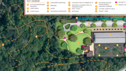 A rendering of a mountain bike park with ramps built into a wooded park near downtown Atlanta. 