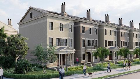 A rendering of a beige and gray townhome community with many chimneys beside a wide street.