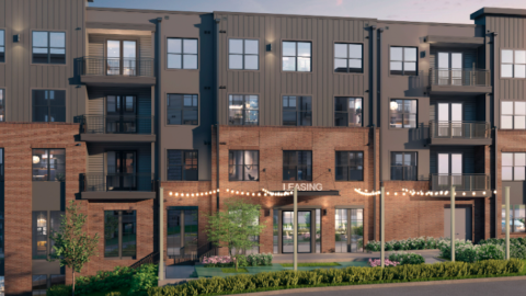 A redering of a brick and gray apartment complex with party lights and a large outdoor pool under blue-gray skies.