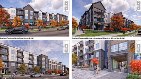 A rendering showing a large new development with townhomes and apartments under blue skies in Atlanta.