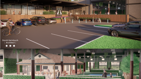 Renderings showing two gaming concepts under blue skies beside parking areas in Atlanta. 