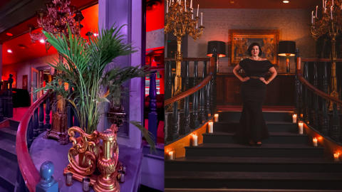 A photo of a red-lit fancy Parisian style space in a underground area in Atlanta.