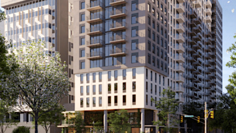 A rendering of a tall building under blue skies near a grassy park.