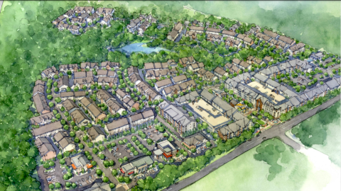 A rendering of a new town-style development near many trees and two big roads with a water feature and promenade.