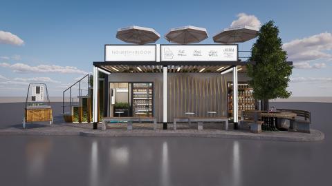 A rendering showing a small grocery story built from shipping containers with a cafe area on the roof.