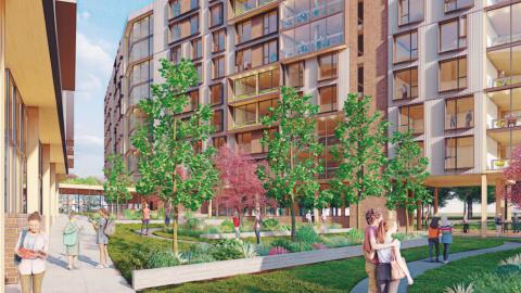 An image showing a new housing tower planned on Georgia Tech's campus under blue skies near a large greenspace.