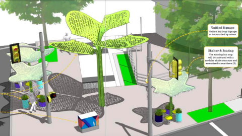 An image showing a bus stop with green new shade art structures standing beside the street.