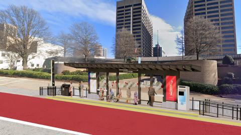 An image showing in vivid colors a new bus rapid transit operation in downtown Atlanta. 