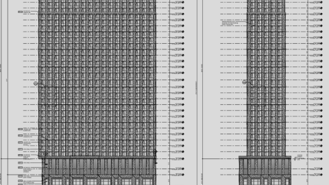 A black and white image showing a large high-rise project with a backdrop of many lines.