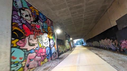 A photo of a new concrete path with lights beside it in the middle of a city surrounded by trees.