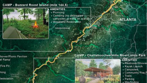 A graphic showing a large trail running through Atlanta with a large river beside it near many green hills. 