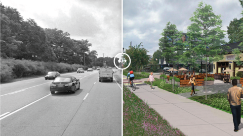 A wide street shown with a wide sidewalk pathway inserted next to many trees.