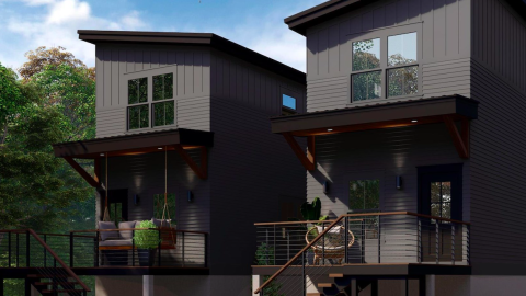 A rendering of a four black-painted small modern-style homes with white modern interiors on Atlanta's Westside.