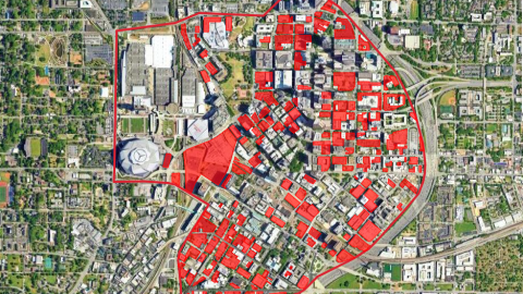 A graphic showing a large portion of downtown Atlanta with red dots noting parking.