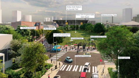 A rendering showing a college campus with many trees, greenspace, and buildings in gray under a sunny sky, with new bike lanes.