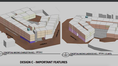 An image showing a wedge-shaped corner in Atlanta where a large building is planned with many apartments and shop spaces.