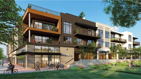 A rendering of a new development fronting a park with shops at ground level and homes above them.