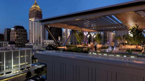 A rendering showing a large new building with much glass and large balconies under blue skies in the middle of Midtown. 