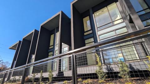 A photo showing a row of black modern townhomes under a blue sky with plants and metal railings in front.