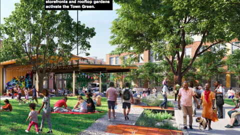 A rendering showing new pathways and trees and modern-style buildings near a MARTA transit station.