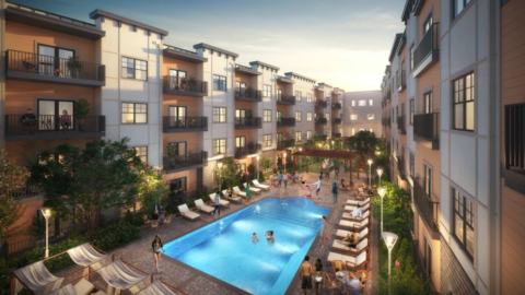 An image showing a large new apartment complex with a pool in the middle and a new apartments with white walls and a gym.