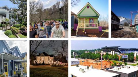 A collage of many different neighborhoods in Atlanta under a blue and cloudy sky. 