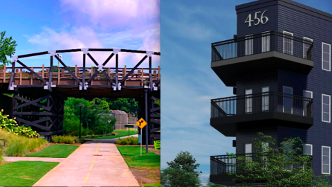 A rendering showing a large parth and a new blue and black building under blue skies.