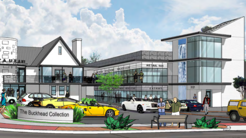 An image of a new architecture project on a corner under blue skies with a restaurant and two-story retail space in Atlanta. 