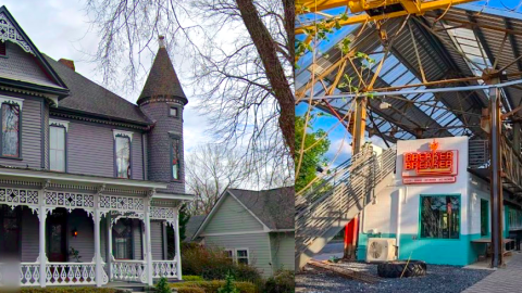 A split photo showing a large house and a new buiding built of steel with breaker breaker on the front of it. 