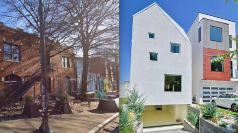 A split image showing two different buildings under blue skies. 