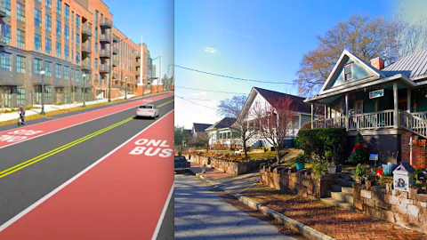 A split photo of two neighborhoods under blue skies near wide streets. 