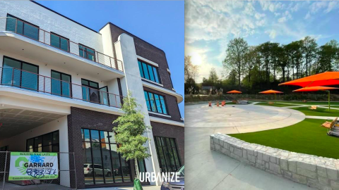 A spilt image of a brick and white building and a splash pad with nice umbrellas nearby.