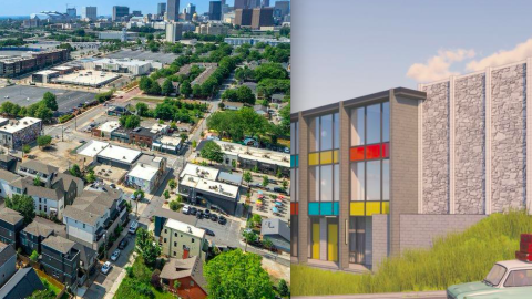 A split image of an aerial of a neighborhood and a rendering of a building. 