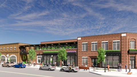 A rendering of a low-rise new row of brick buildings in front of a wide street under a blue sky.