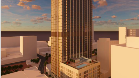 An image depicting an old downtown Atlanta office complex remade into affordable housing. 